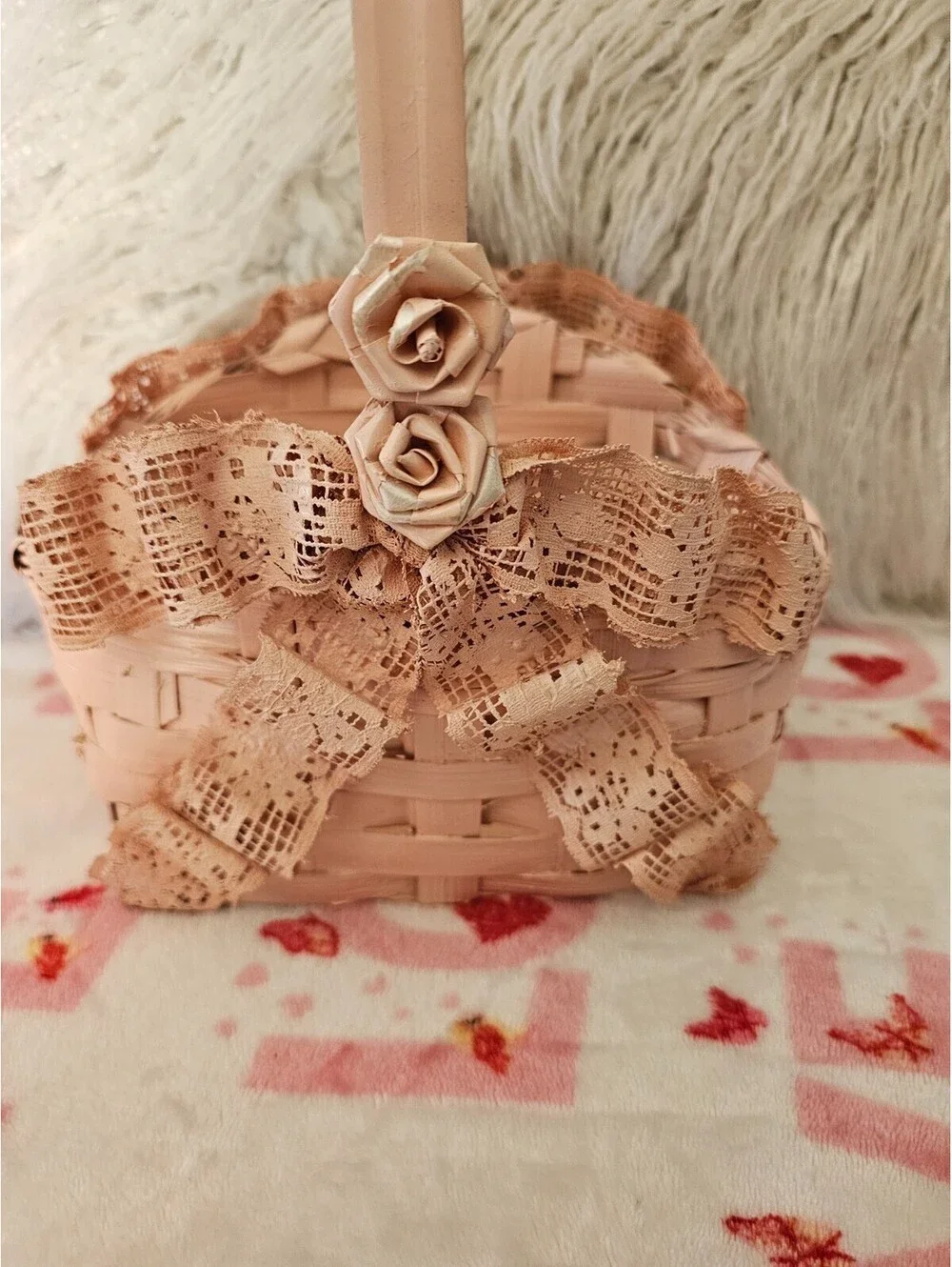Vintage Hand-Woven Painted Basket Lace Pink 11X7.5 Philippines Floral Decor